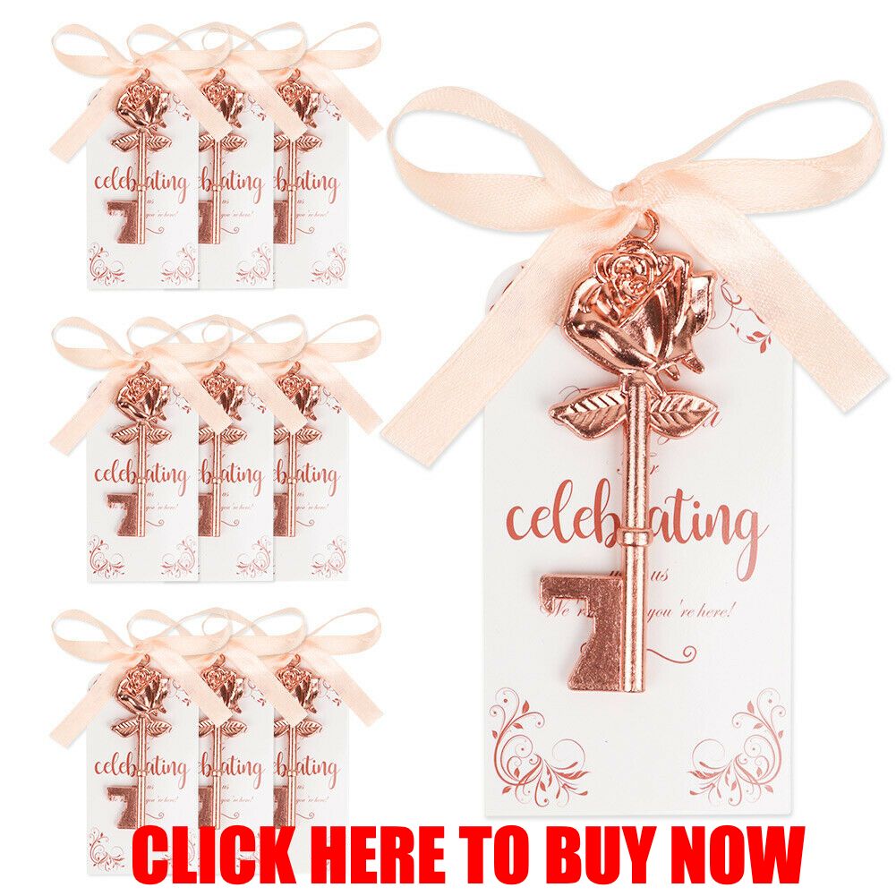 50x-Vintage-Rose-Gold-Key-Bottle-Opener-Keychain-with-Tags-Ribbons-Wedding-Favor