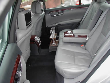 S-Class W221 Long wheel base in Silver, inside view of wedding limo
